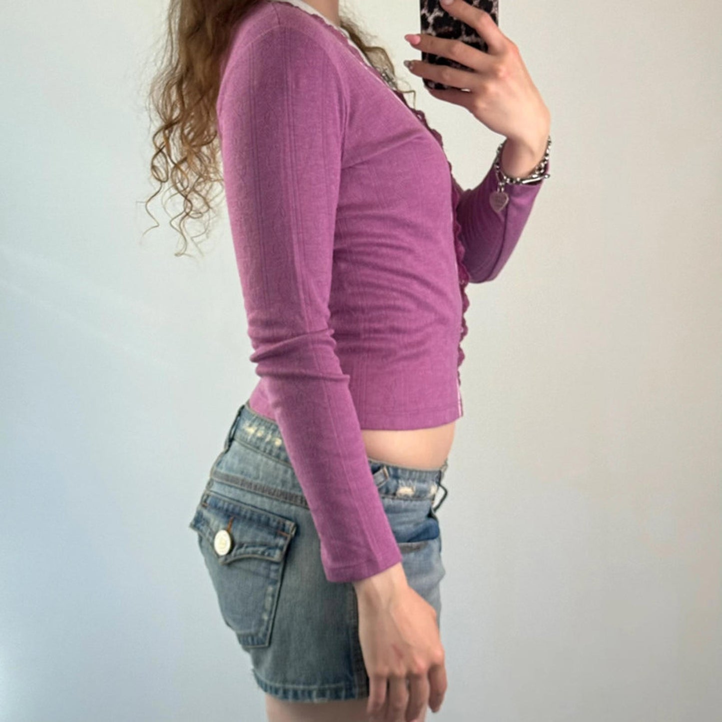 Y2K vintage fine knit button up lace trim long sleeve cardigan v neck fitted