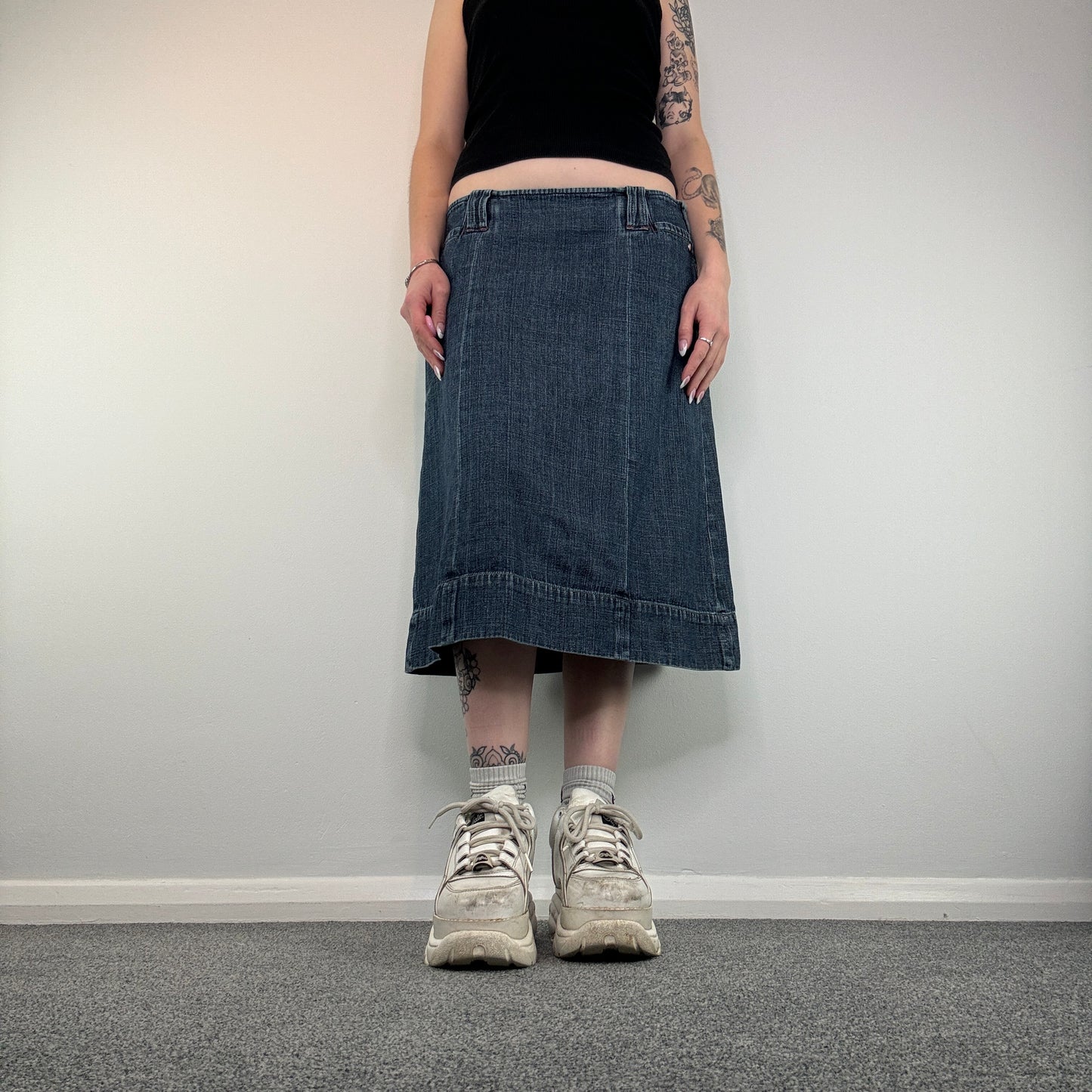 Y2K denim midi skirt