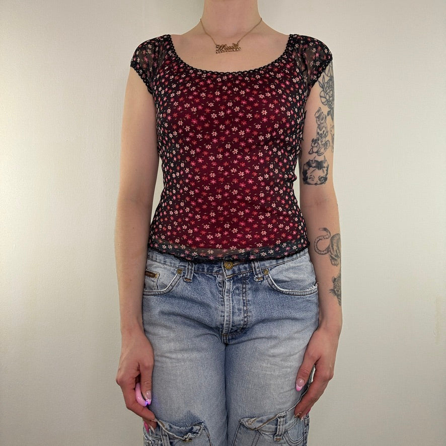 Y2K vintage milkmaid top mesh ditsy floral cap sleeve fitted