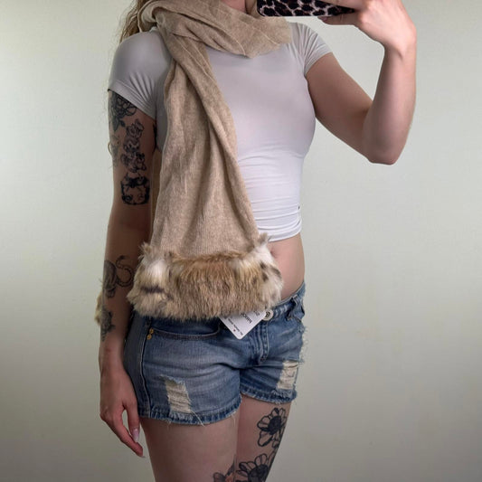 Y2K vintage wool/ angora blend chunky wide scarf faux fur trim fine knit