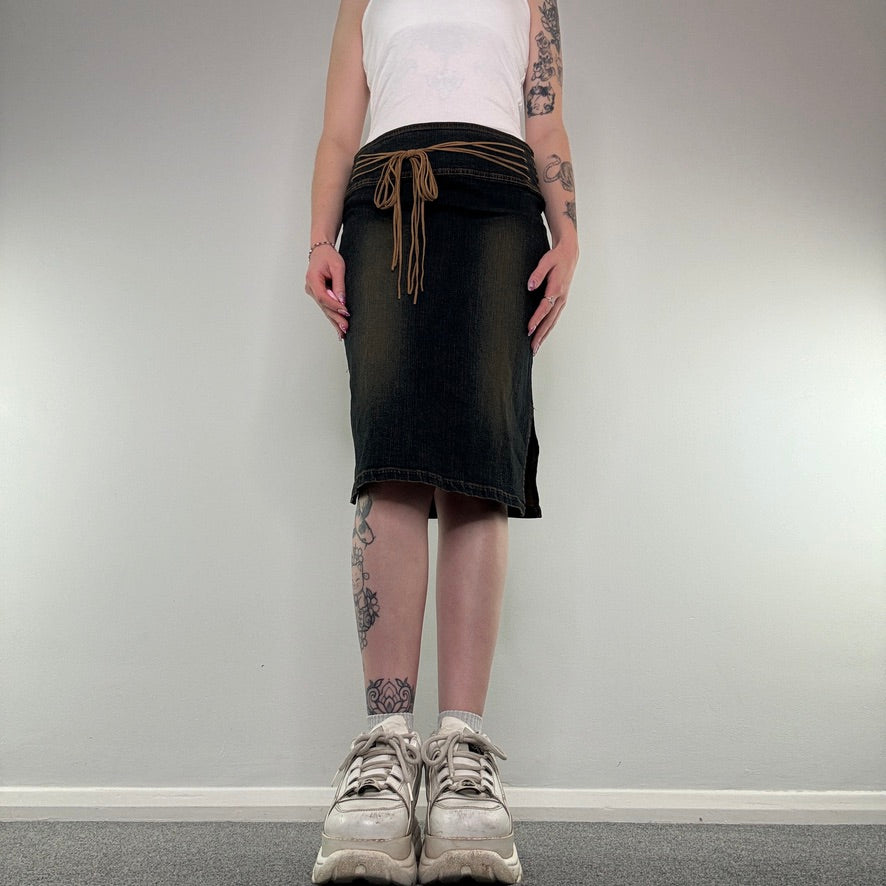 Y2K dark faded denim lace up belt midi skirt