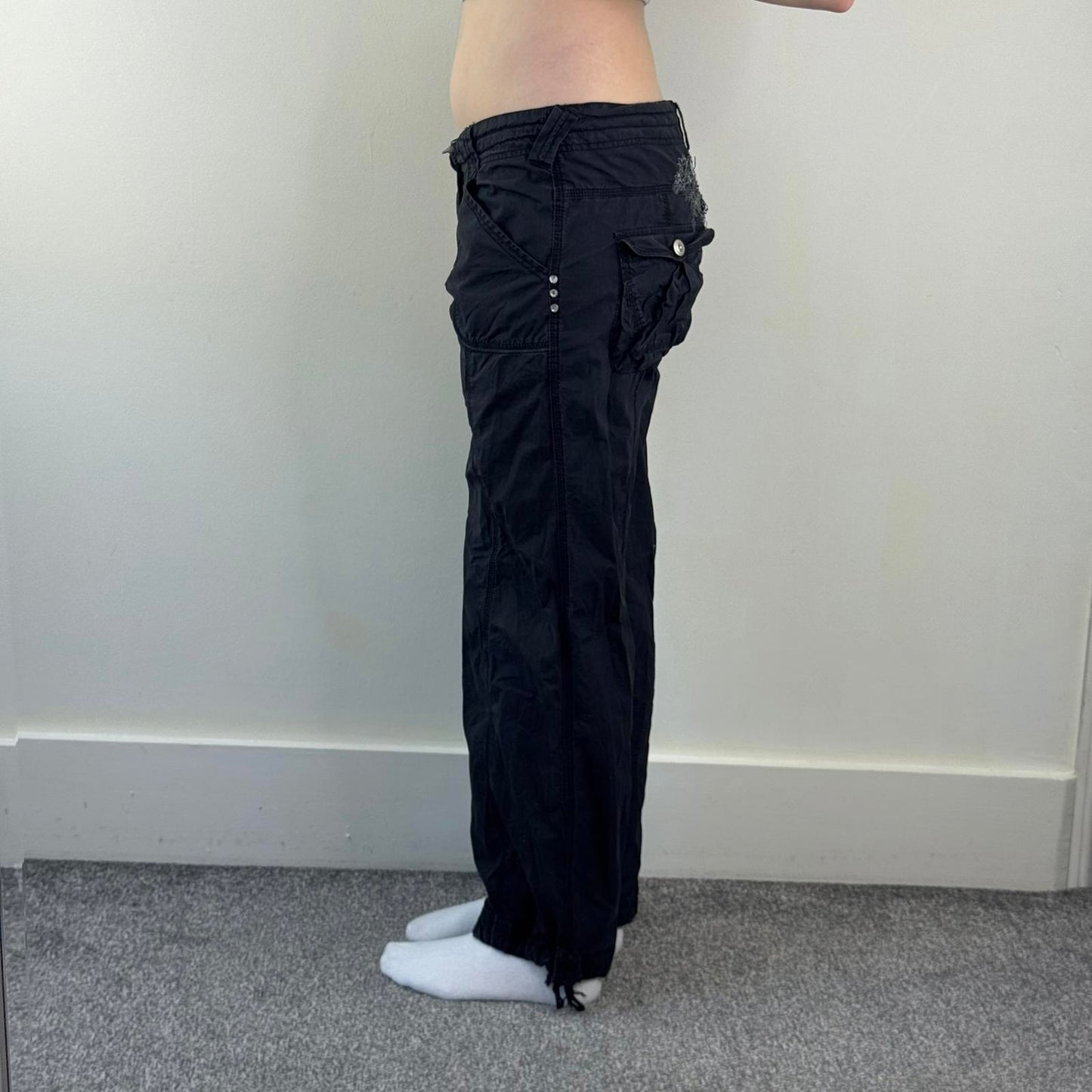 Y2K vintage low rise baggy cargo trousers black embellished sequin embroidery