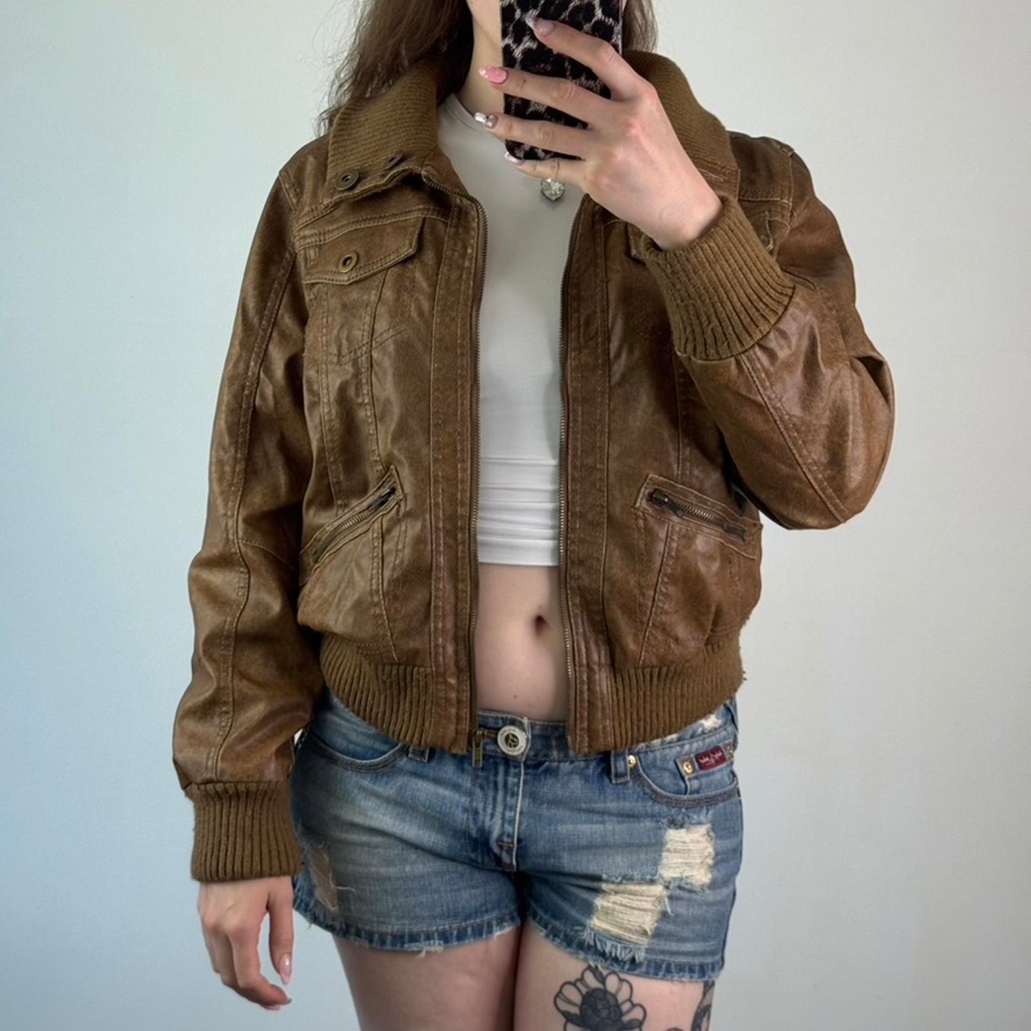 Y2K vintage faux leather bomber zip up jacket short slight crop utility archive