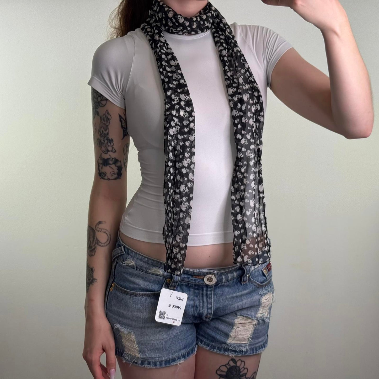 Y2K vintage sheer skull print skinny scarf black white