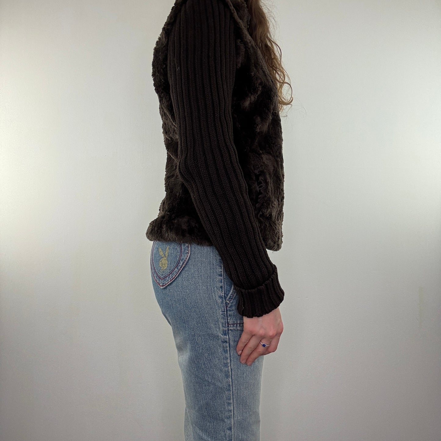 Y2K faux fur zip up knit sleeve jacket