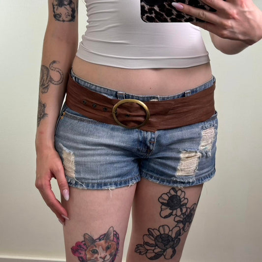 Y2K vintage Topshop genuine leather chunky belt o ring brown gold oversized