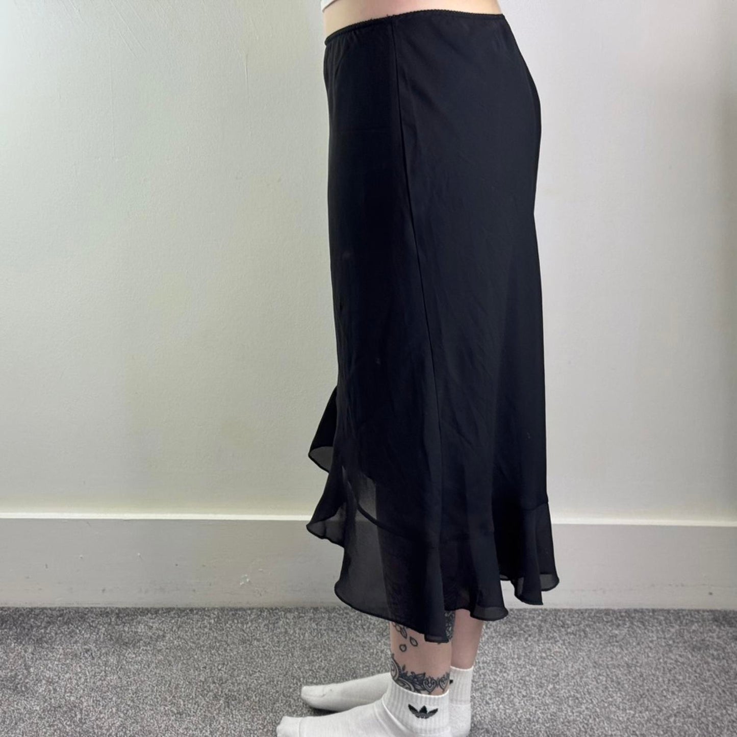 Y2K vintage low rise frilly ruffle midi skirt stretchy double sheer overlay