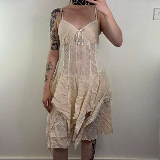 Y2K vintage a line midi dress ruffle fairy boho stripe floral embroidered bow