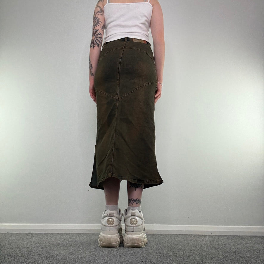 Y2K vintage faded denim grommet maxi skirt