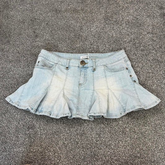 Y2K vintage low rise pleated faded denim mini skirt light blue wash cargo pocket