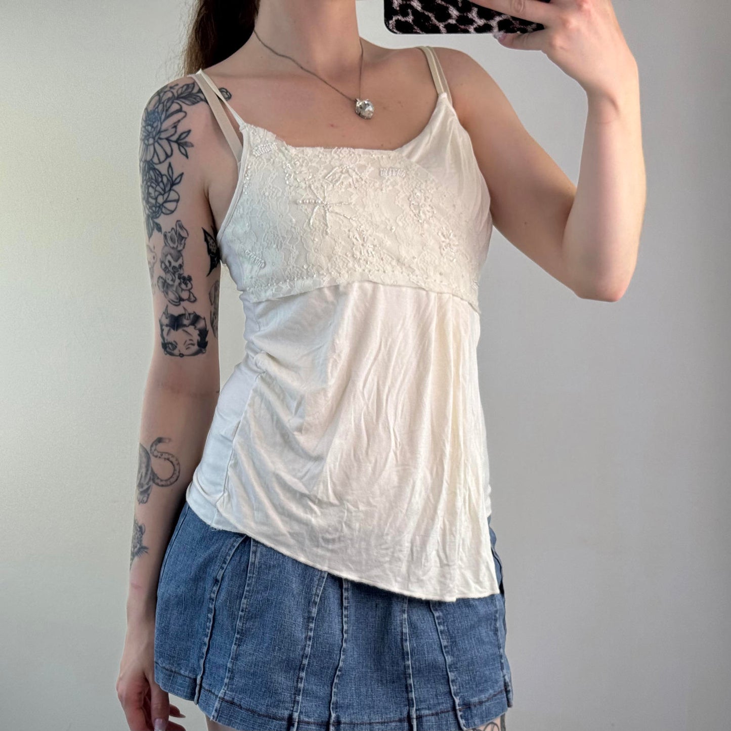 Y2K vintage beaded lace cami top asymmetrical layered hem strappy embellished