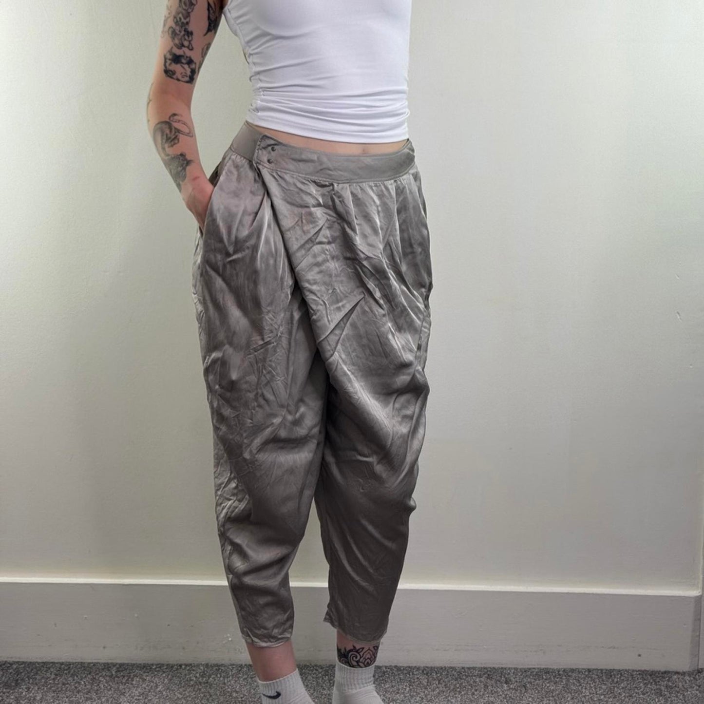 Vintage McQ Alexander McQueen silver harem pants trousers silver baggy carrot