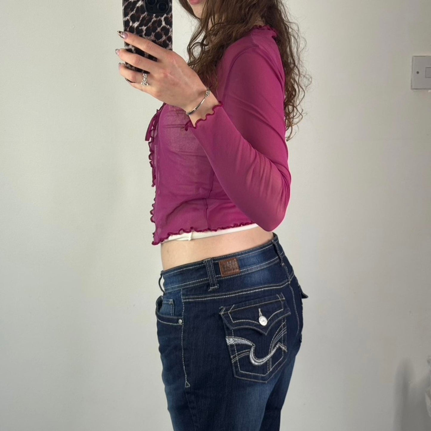 Y2K vintage Bay pink mesh long sleeve cardigan tie bow front lettuce hem cropped