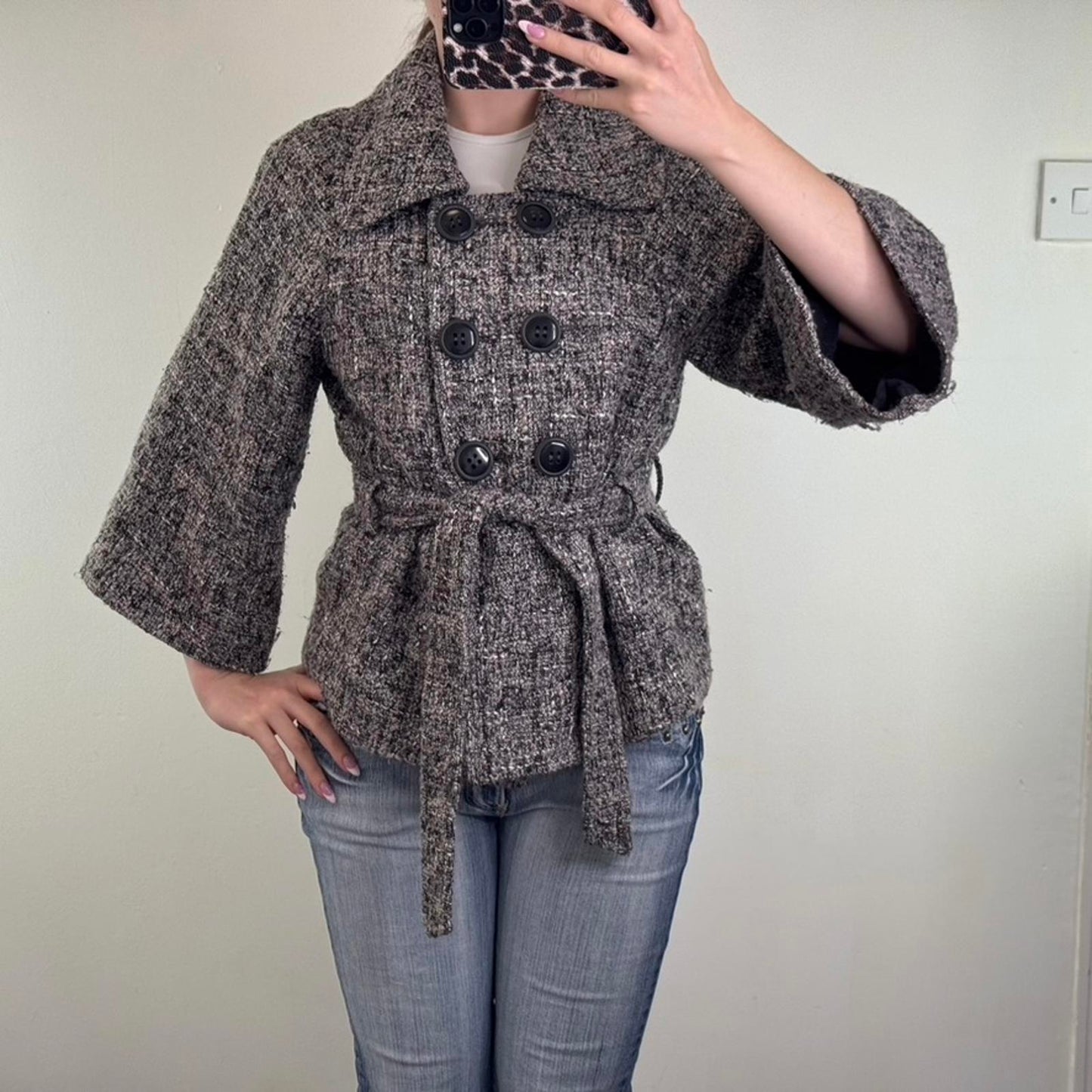 Y2K vintage wool blend pea coat jacket flare 3/4 sleeve with belt button up