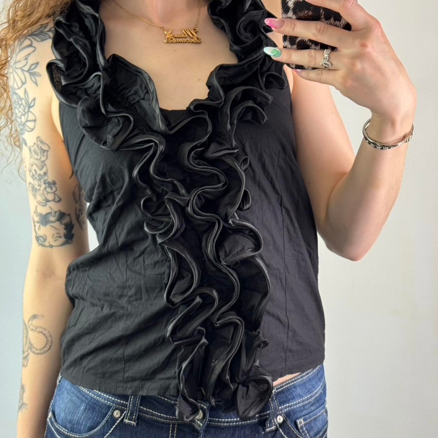 Y2K vintage ruffle v neck tank top big frilly neckline