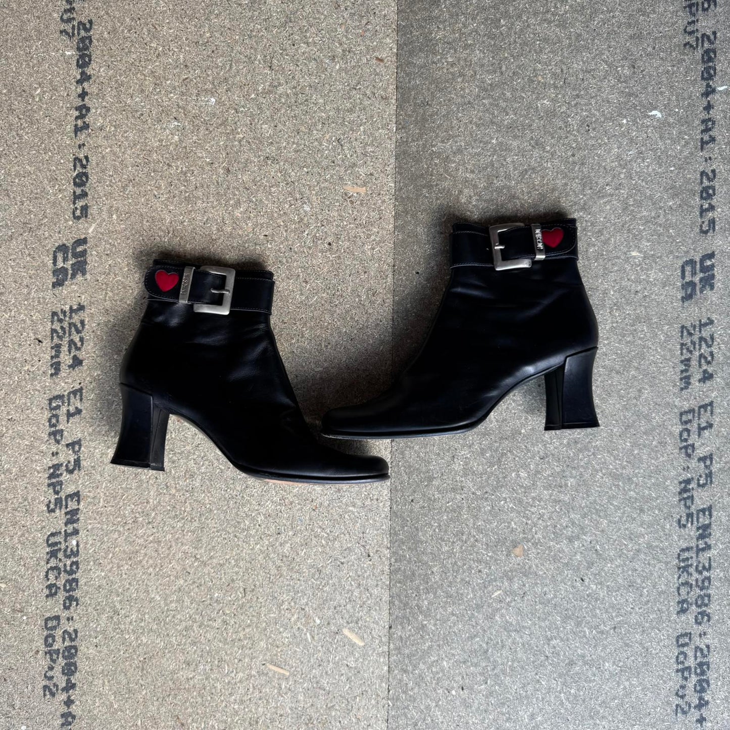 90s Y2K vintage Moschino leather block heel boots heart buckle square toe