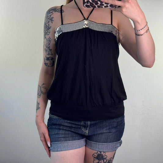 Y2K vintage sequin embellished cami top halter neck peplum clubbing party