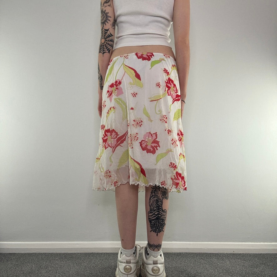 Y2K floral mesh overlay midi skirt