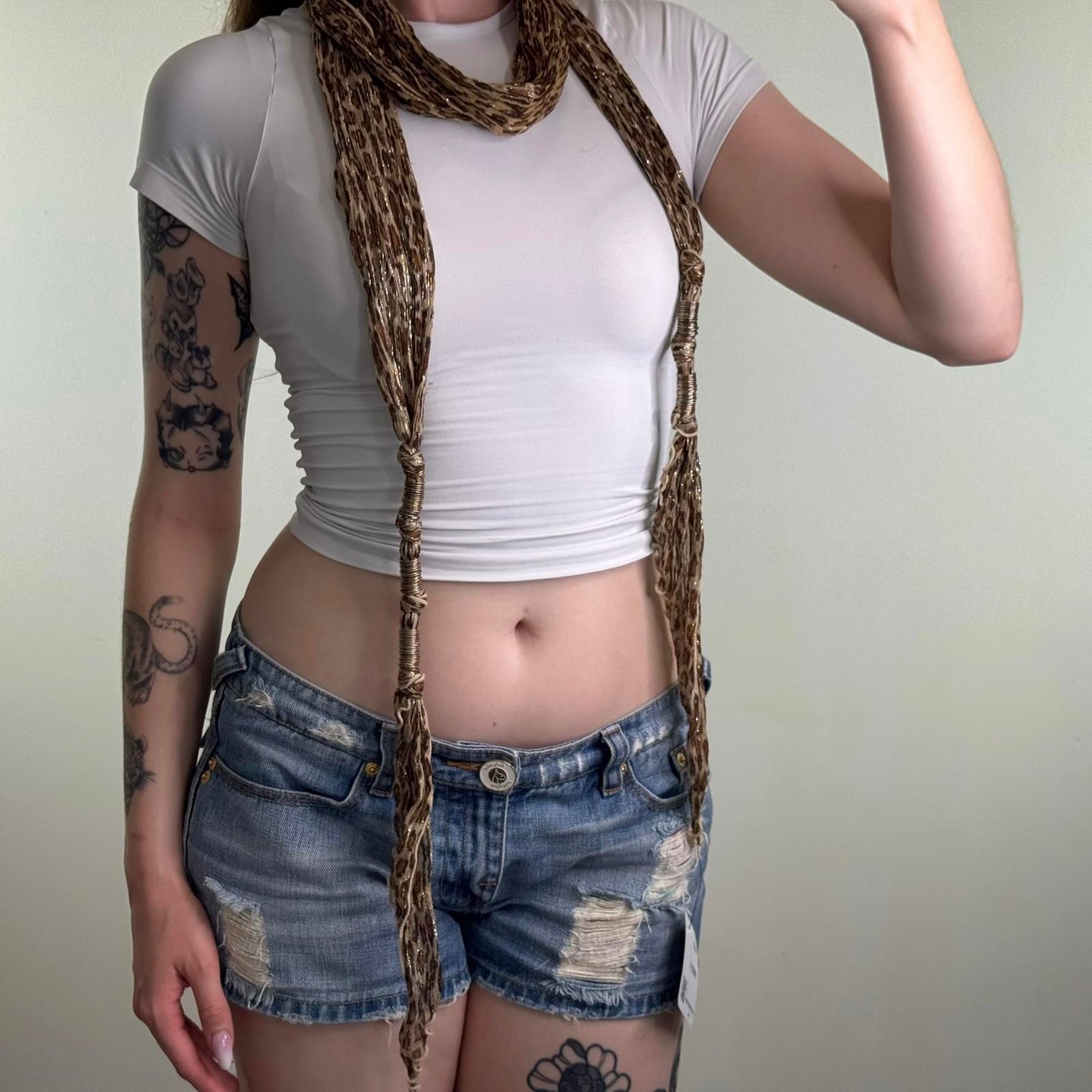 Y2K vintage leopard print skinny glitter scarf metal rings thing sparkly