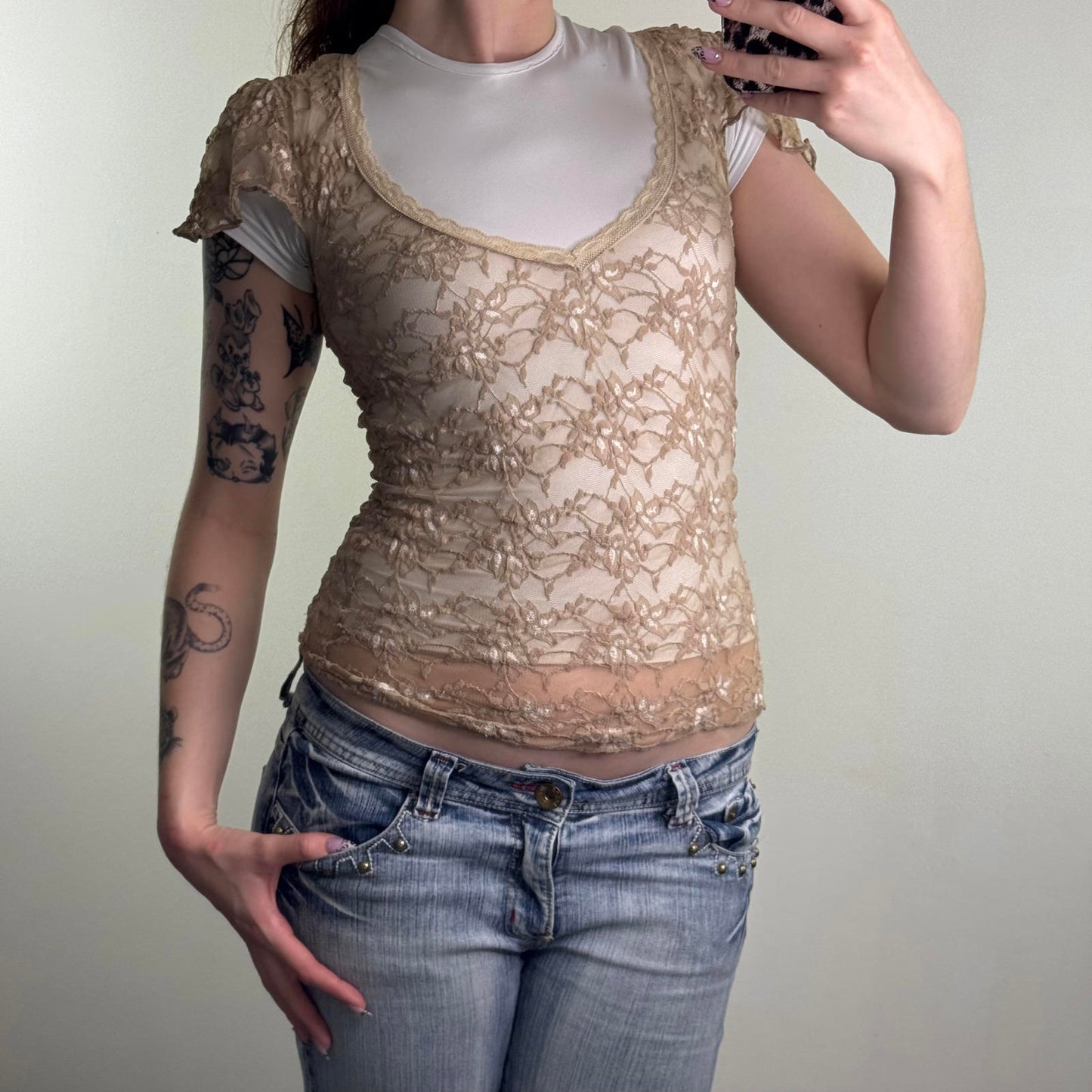 Y2K vintage Per Una mesh floral lace deep v neck top sheer frill short sleeve
