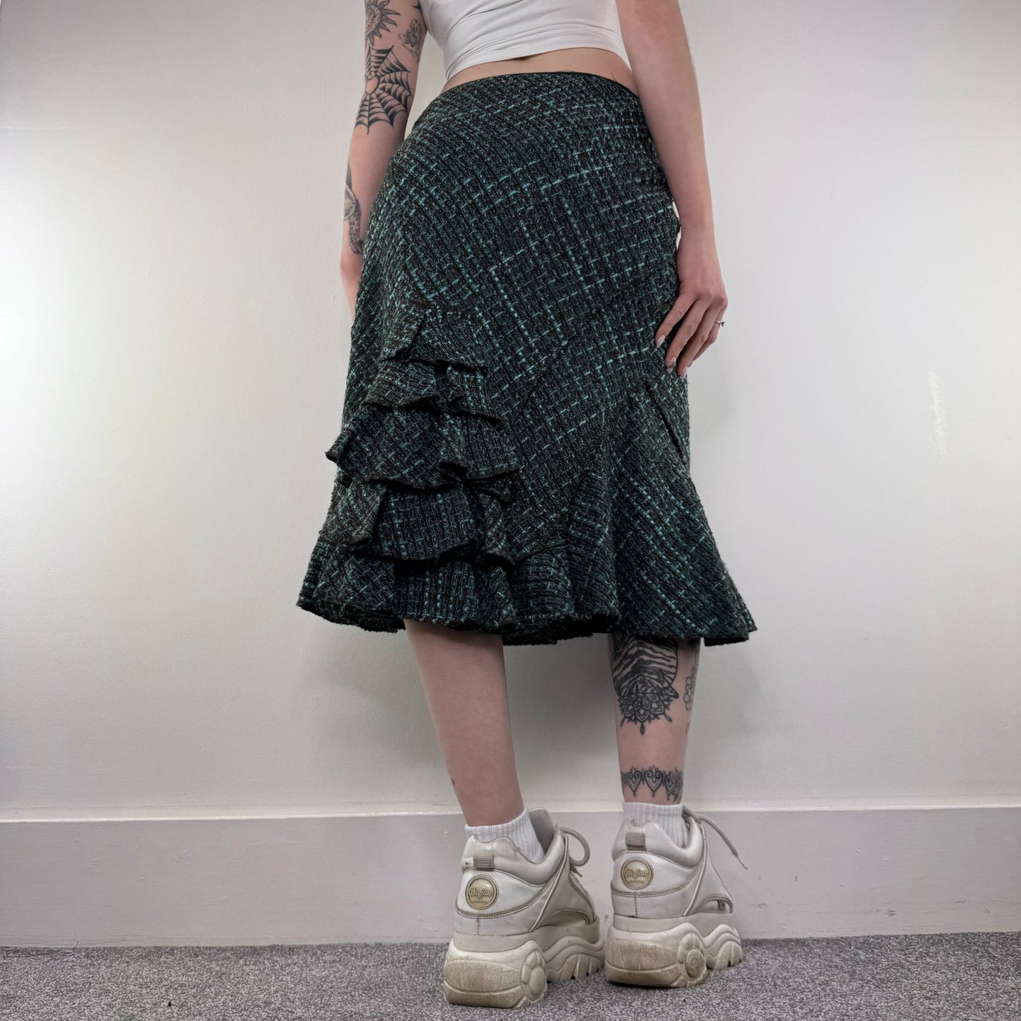 Y2K vintage tweed ruffle midi skirt