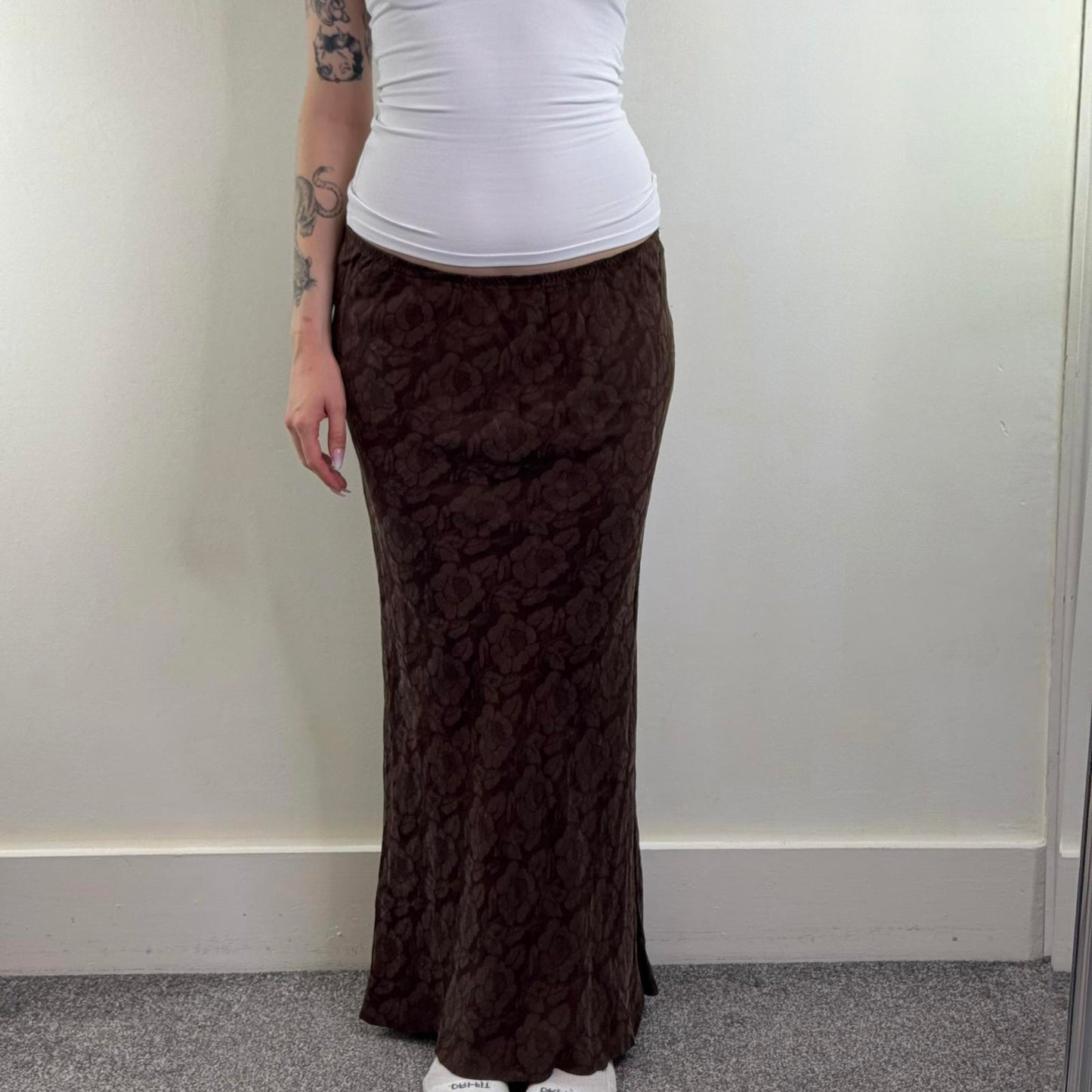 Y2K vintage stretchy floral maxi skirt brown cupro rose pattern a line flowy