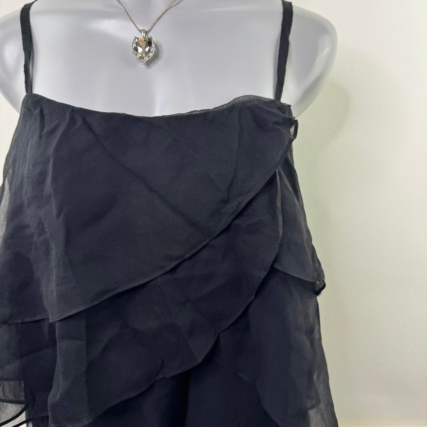 Y2K vintage 100% silk cami top ruffle elastic hem strappy bow layered tiered