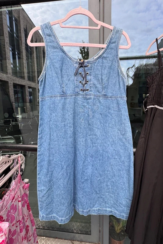 Vintage 2000s 90s denim mini dress lace up bust