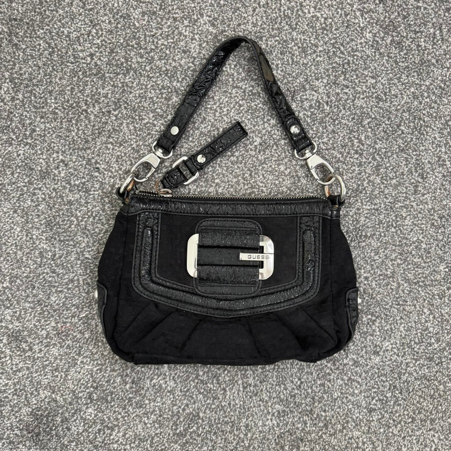 Y2K vintage Guess mini shoulder bag small black silver ruched studded canvas