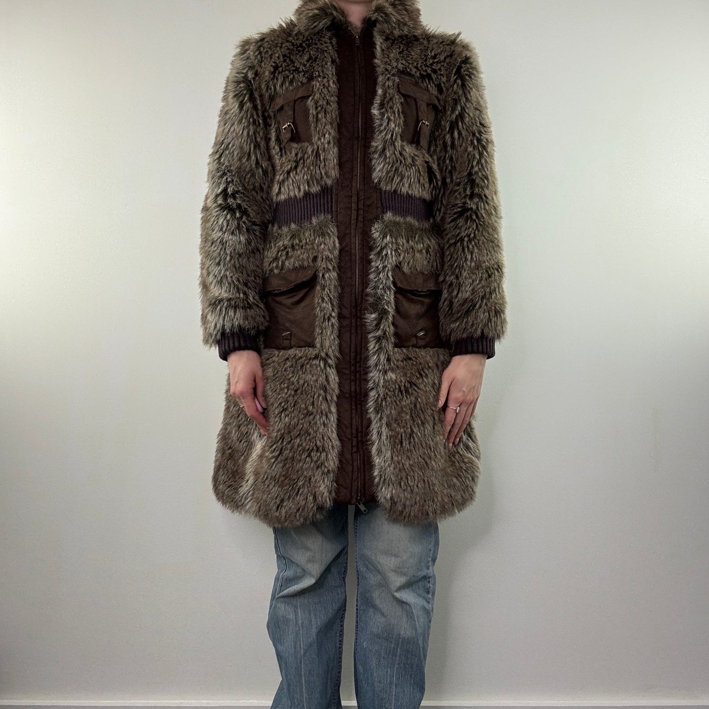 Y2K vintage faux fur long zip up coat