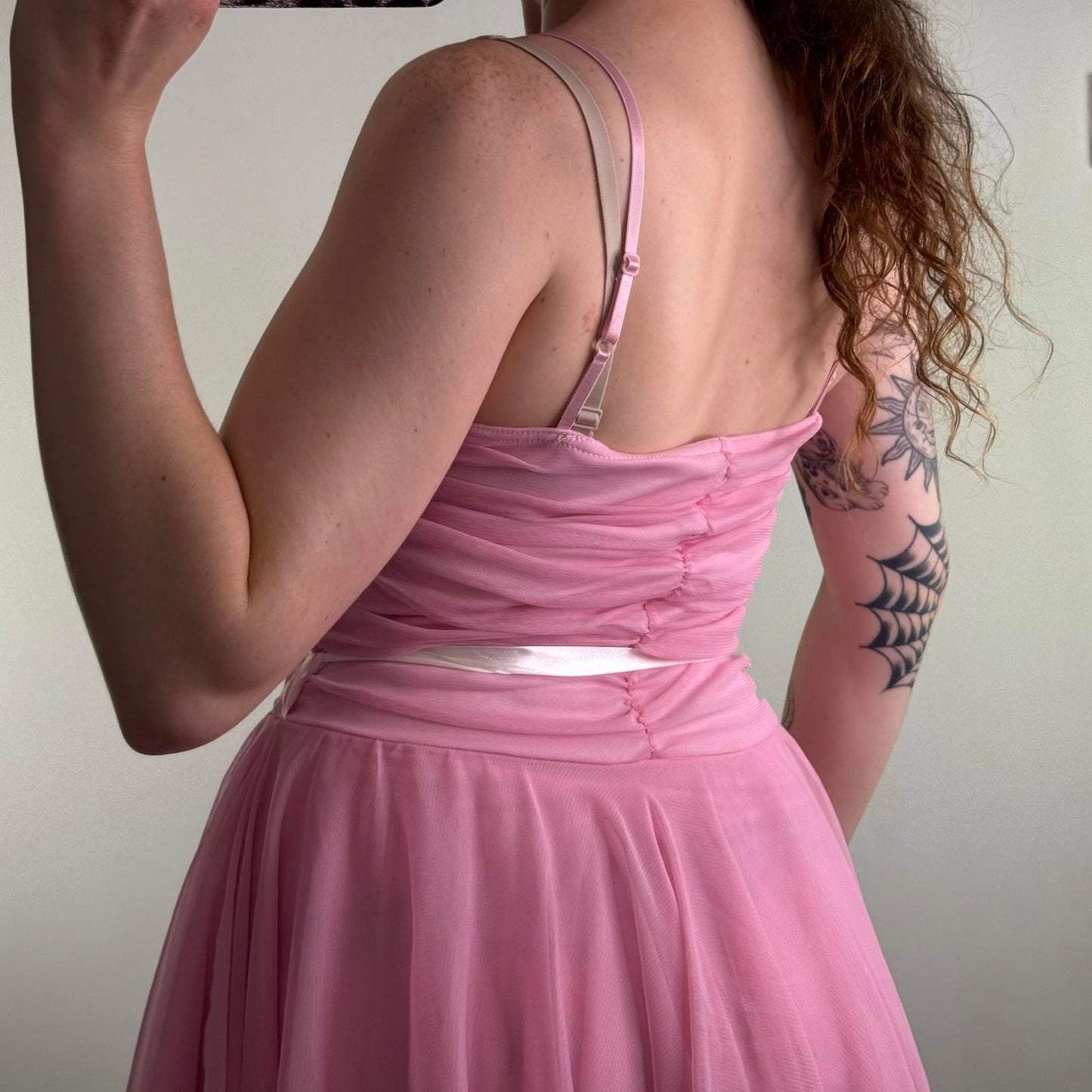 Y2K vintage fairy mesh asymmetrical midi dress layered ruffle satin baby pink