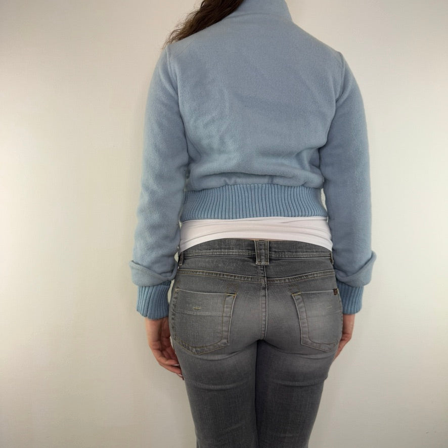 Y2K vintage short jacket wool zip up cropped baby blue buttons knit cuffs