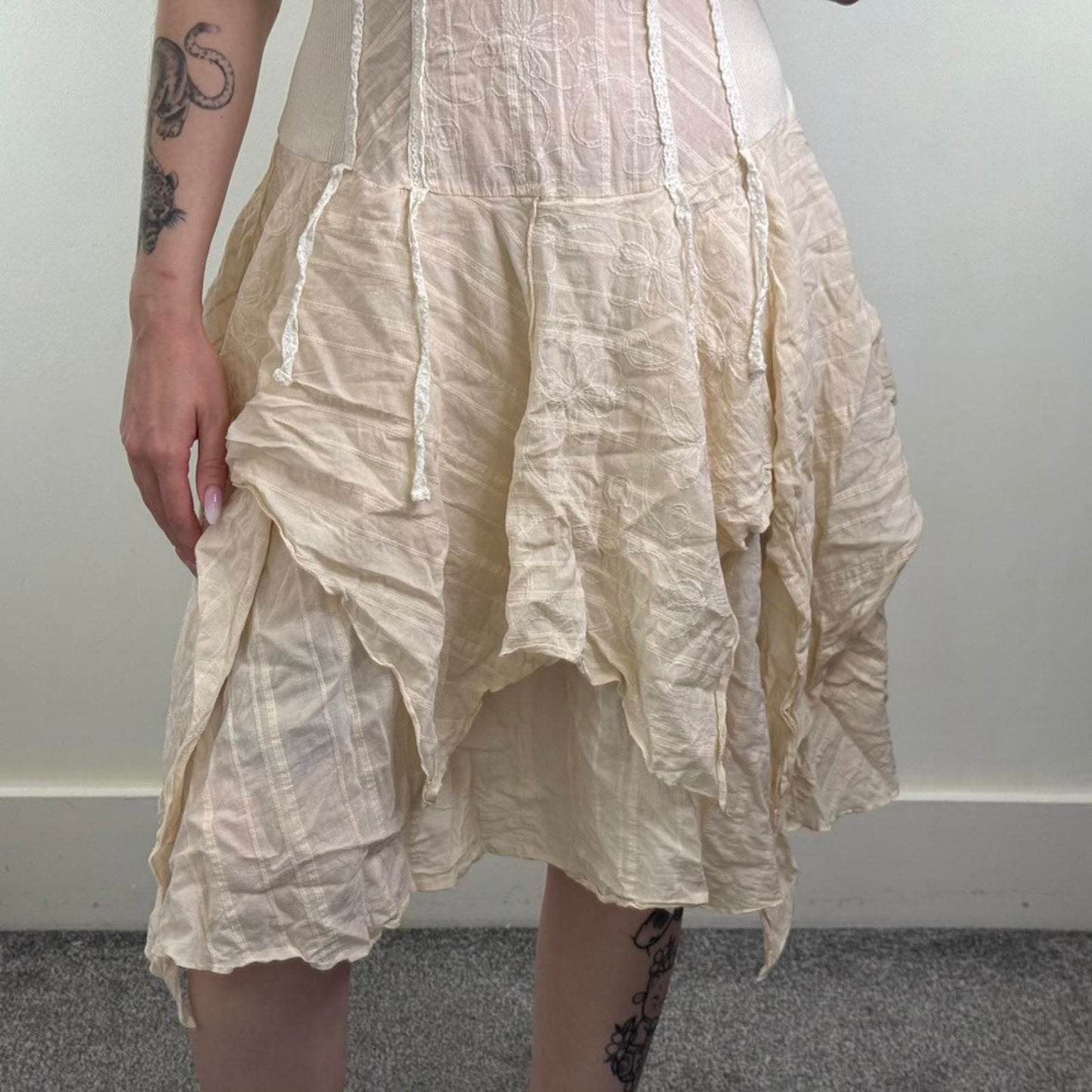 Y2K vintage a line midi dress ruffle fairy boho stripe floral embroidered bow