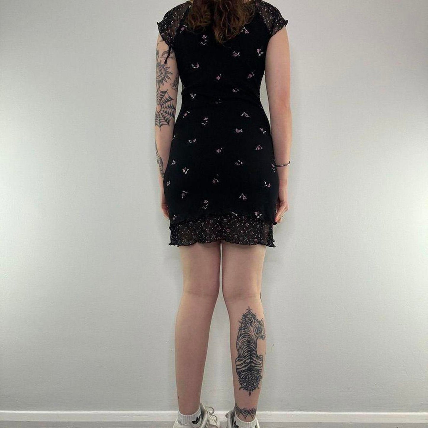 Y2K vintage black ditsy floral cap sleeve mini dress mesh
