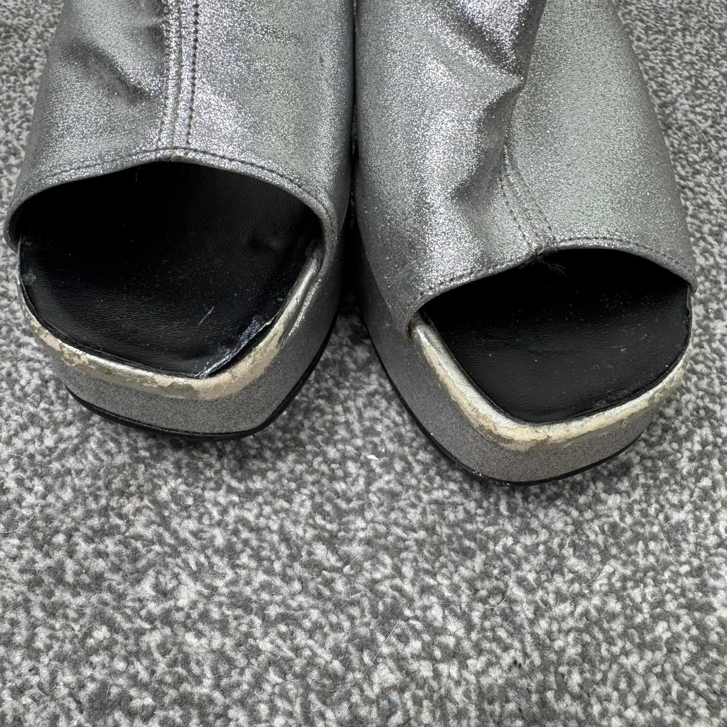 Y2K vintage Metro chunky platform heels silver metallic peep toe mules