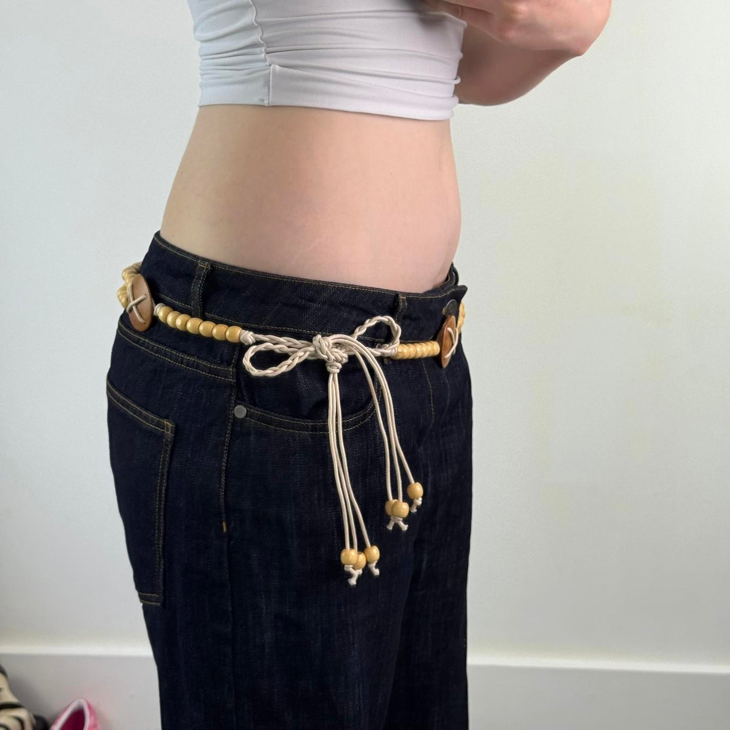 Y2K vintage wooden beaded string bow belt light brown beige adjustable