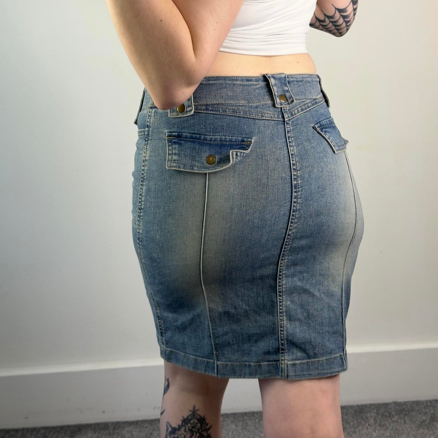 Y2K vintage fitted stretchy faded denim zipper front archive midi skirt cargo