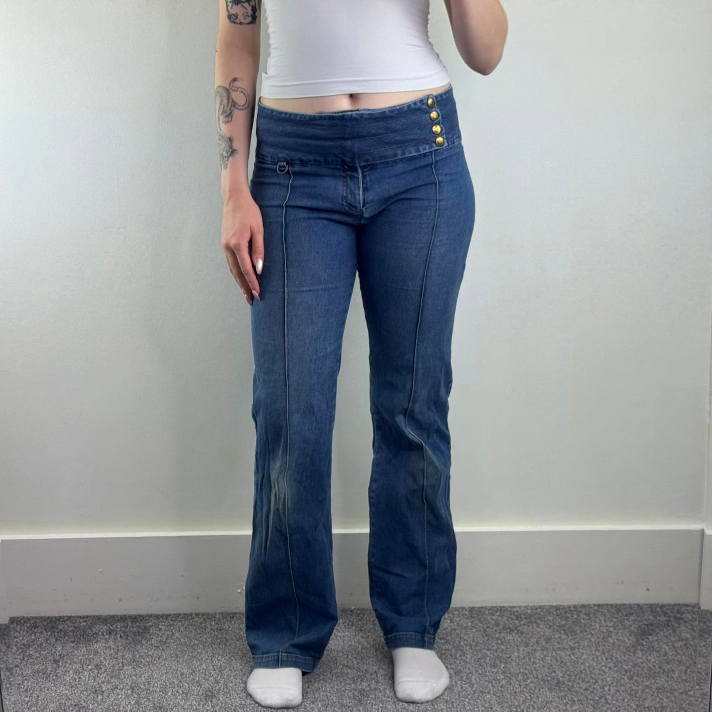 Y2K vintage mid rise stretchy denim bootcut jeans popper button contrast stitch