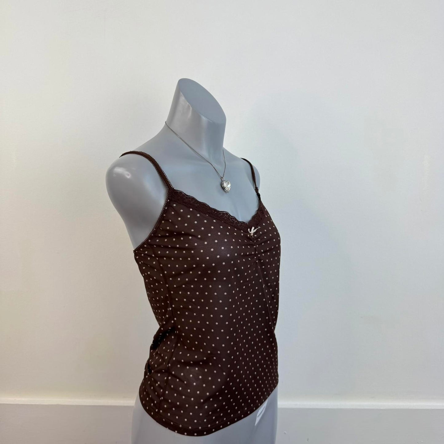 Y2K vintage poka dot mesh cami top bow sheer stretchy v neck lace trim bust