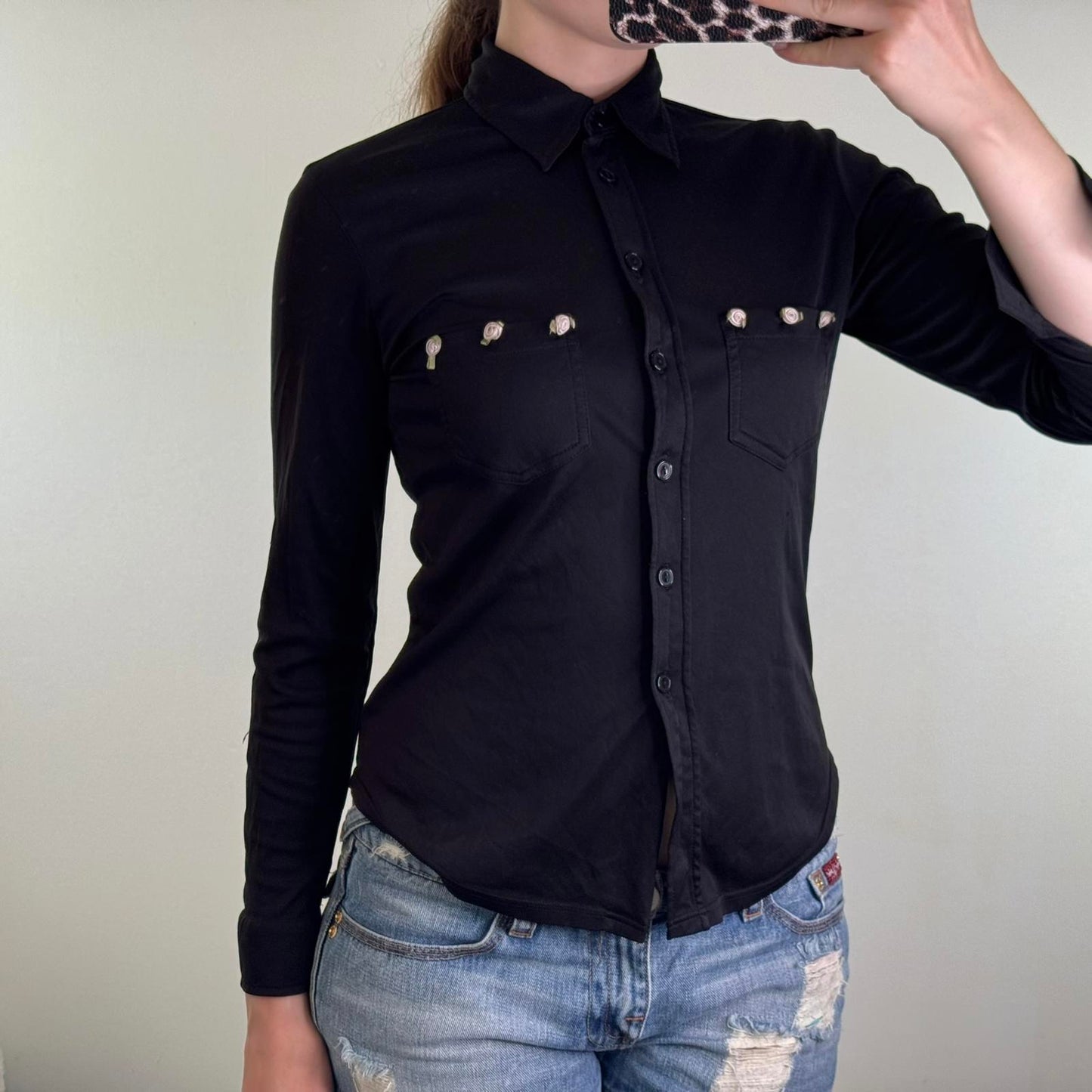Y2K vintage button up long sleeve top stretchy 3D rose floral pockets curved hem