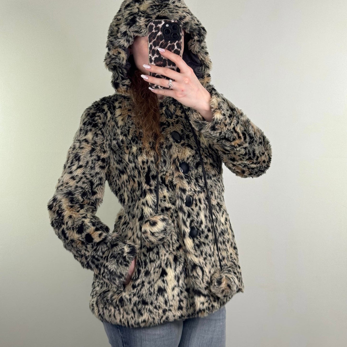 Y2K vintage River Island faux fur leopard print coat button up with hood pom pom