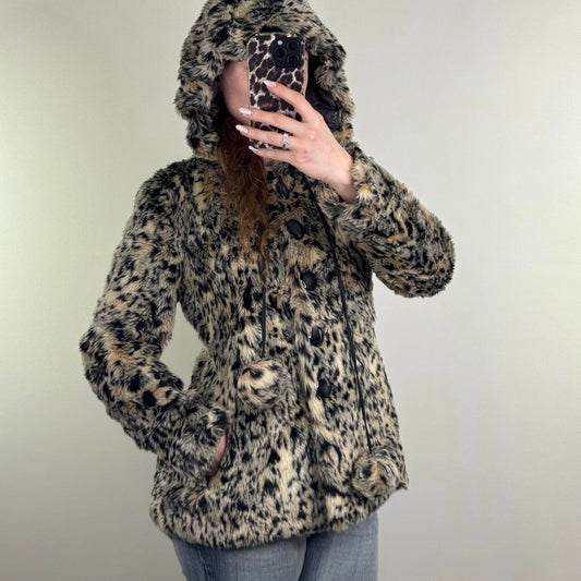 Y2K vintage River Island faux fur leopard print coat button up with hood pom pom