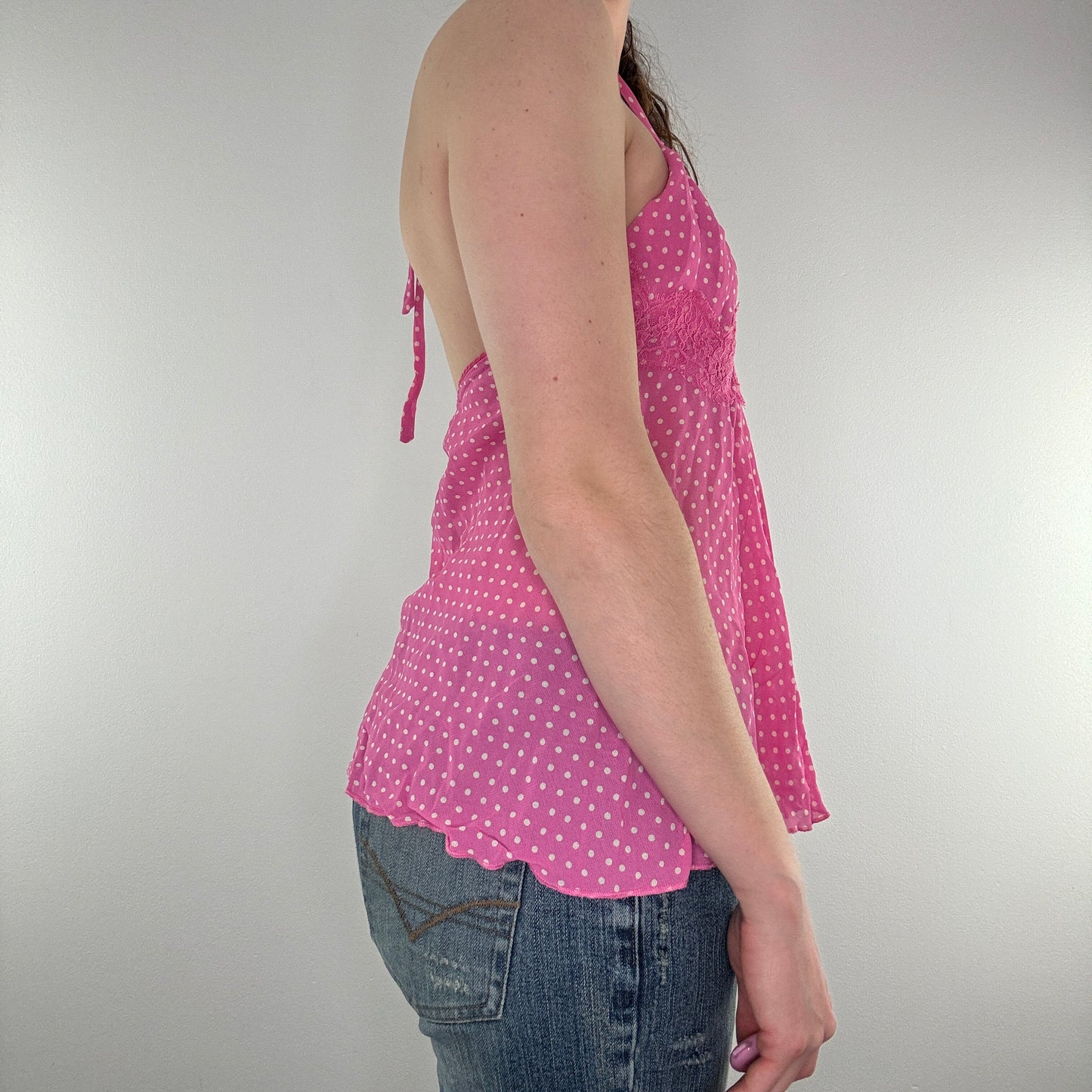 Y2K spotty sheer halter neck floaty top