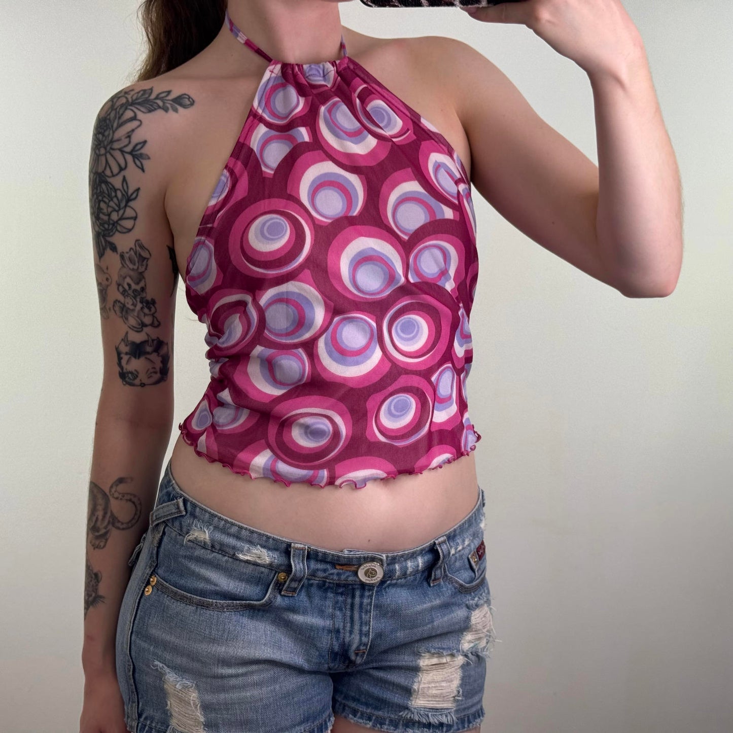 90s Y2K vintage mesh halter neck top double layer abstract circle pattern print