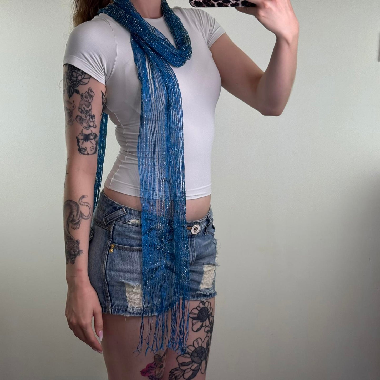 Y2K vintage sparkly glitter scarf stripe sheer blue tassel