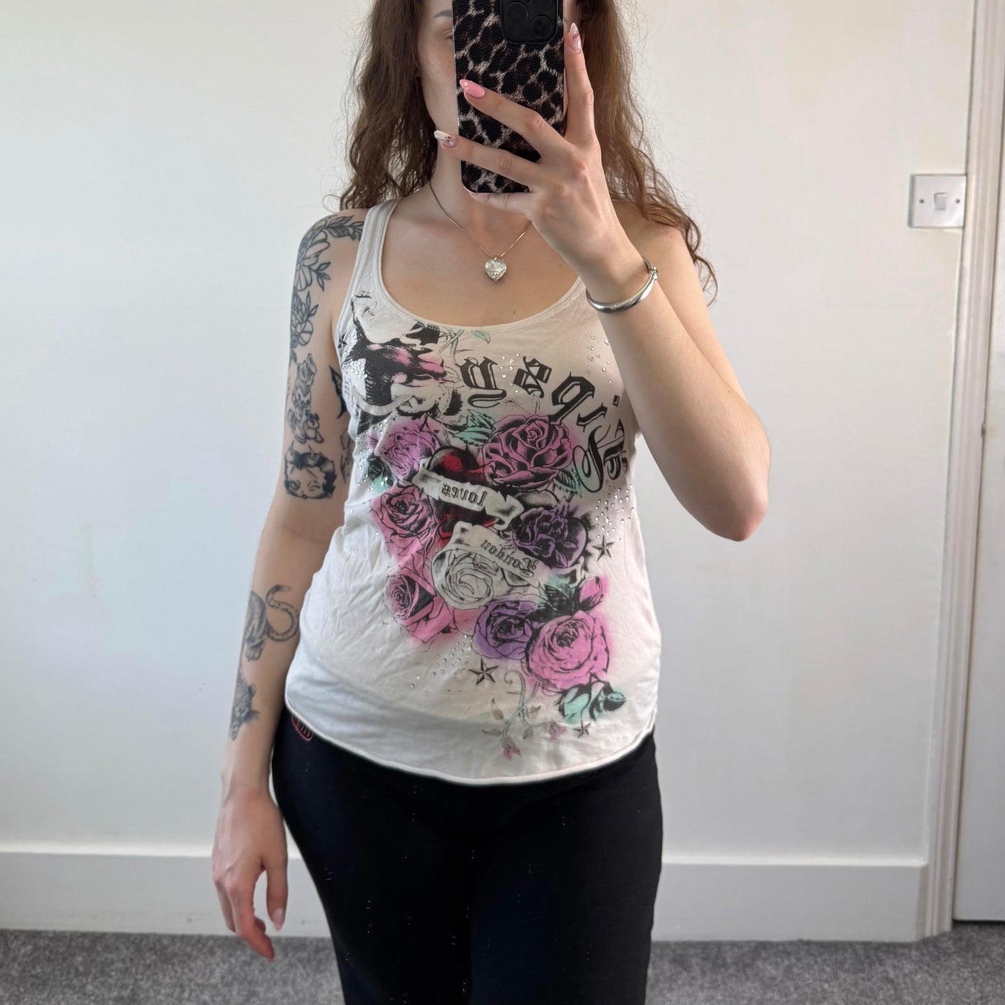 Y2K vintage tattoo graphic print rhinestone baggy tank top