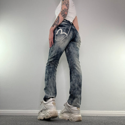 Y2K Evisu embroidered acid wash straight leg denim jeans