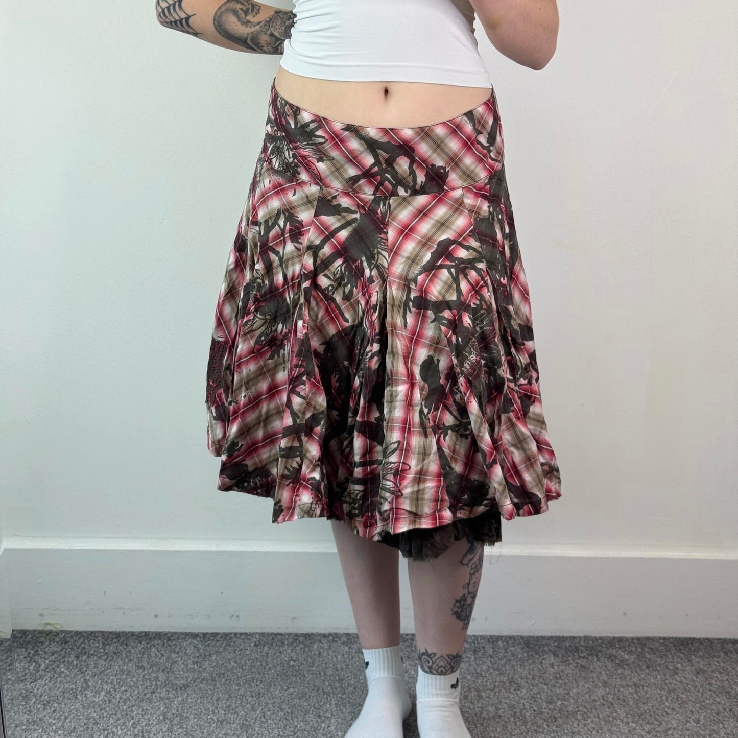 Y2K vintage O'Neill tartan floral midi skirt sequin brown red white a line XL
