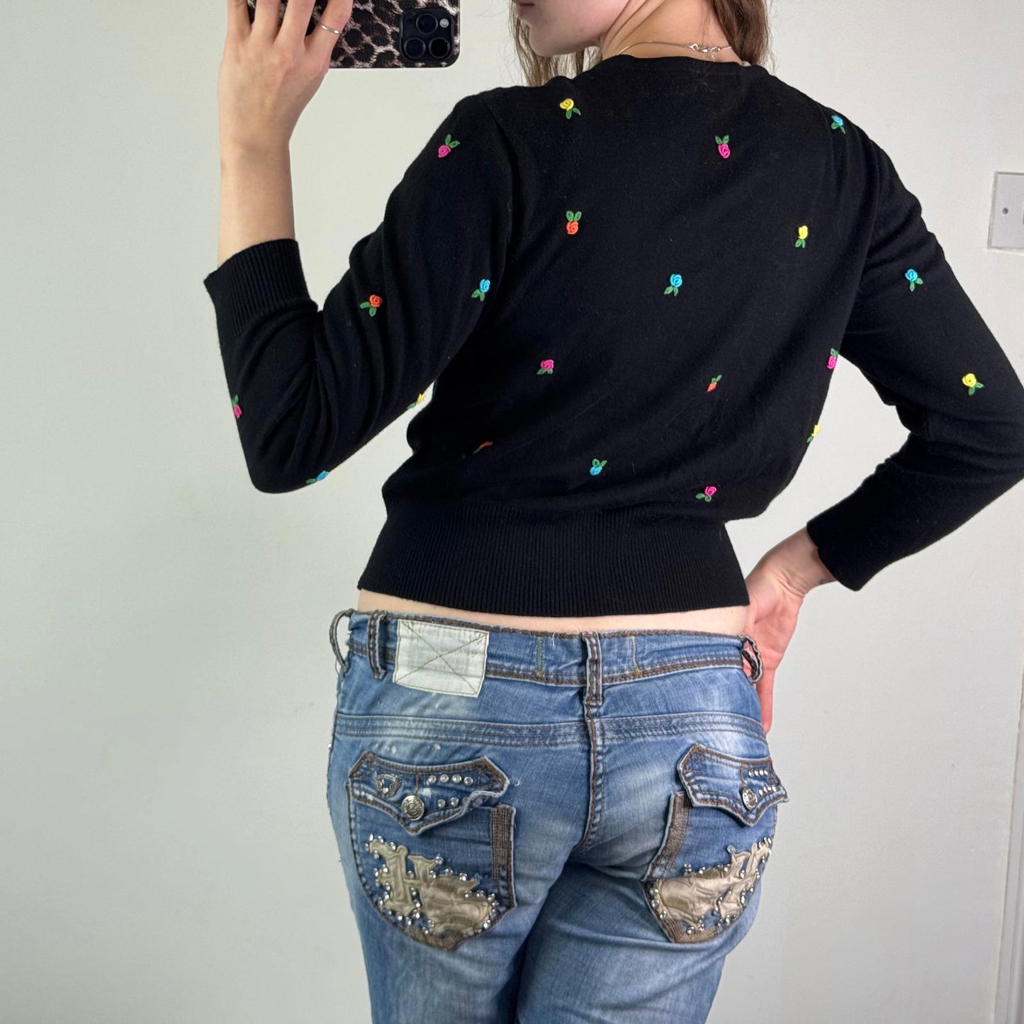 Y2K vintage button up knit floral rose 3D embroidered long sleeve cardigan