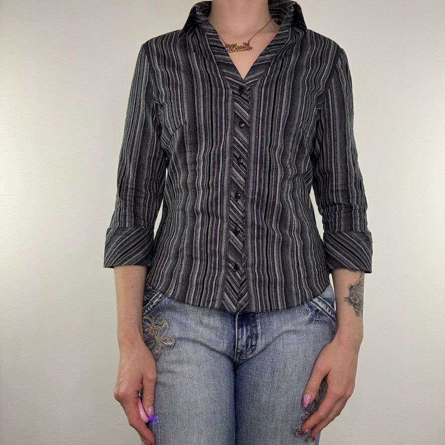 Y2K vintage pinstripe shirt 3/4 sleeve sparkly button up stretchy office fitted